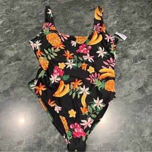 Old Navy XL Swim Suit Black Multi Color Design Floral and Fruit NWT One Piece